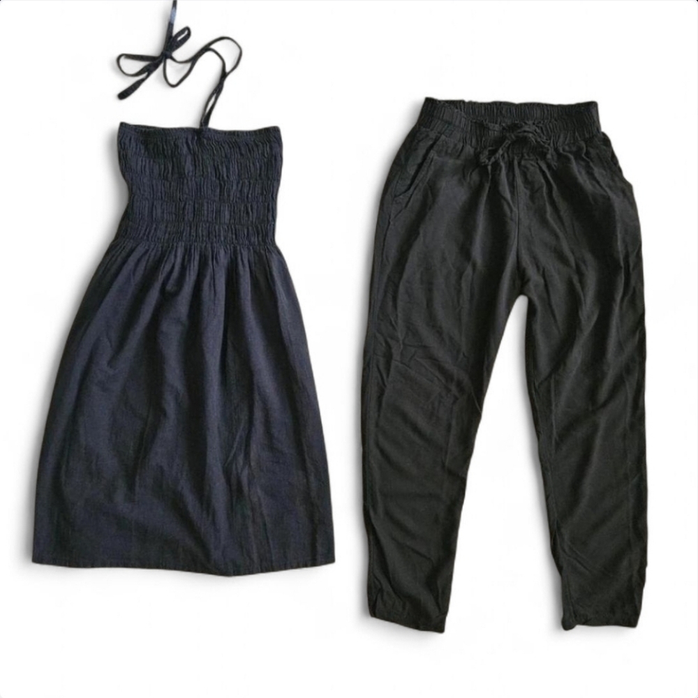 **2 pcs** Beach BUNDLE- Black Ruched Smock Dress/ Black Paperbag Pants- XS/S